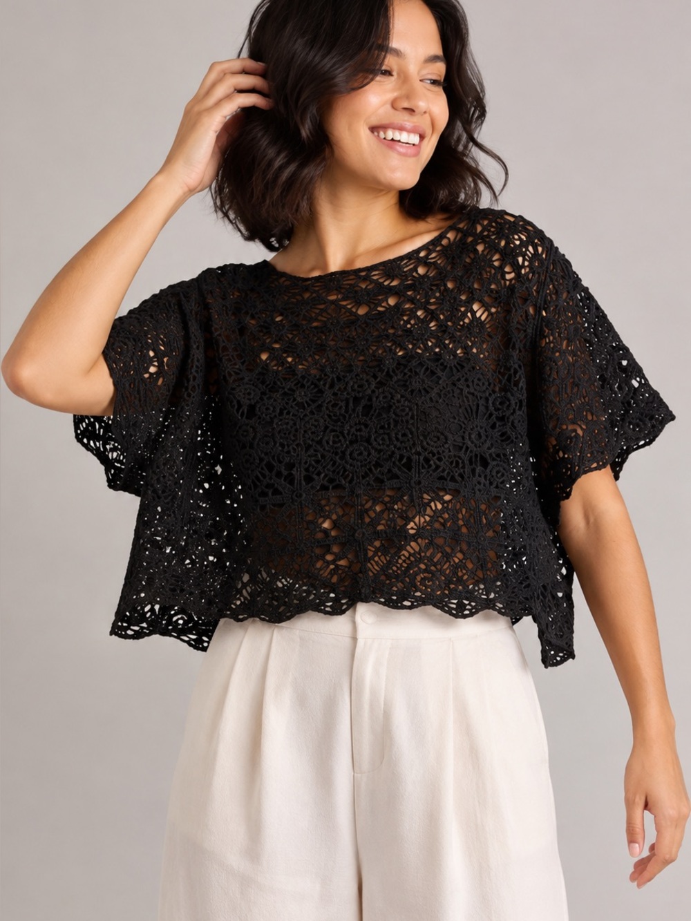 Active USA Black Crochet Lace Crop Top Size M Sheer Boho 100% Cotton